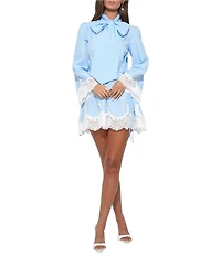 Adelyn Rae Tie Neck Lace Trim Stripe Mini Dress