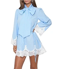 Adelyn Rae Tie Neck Lace Trim Stripe Mini Dress
