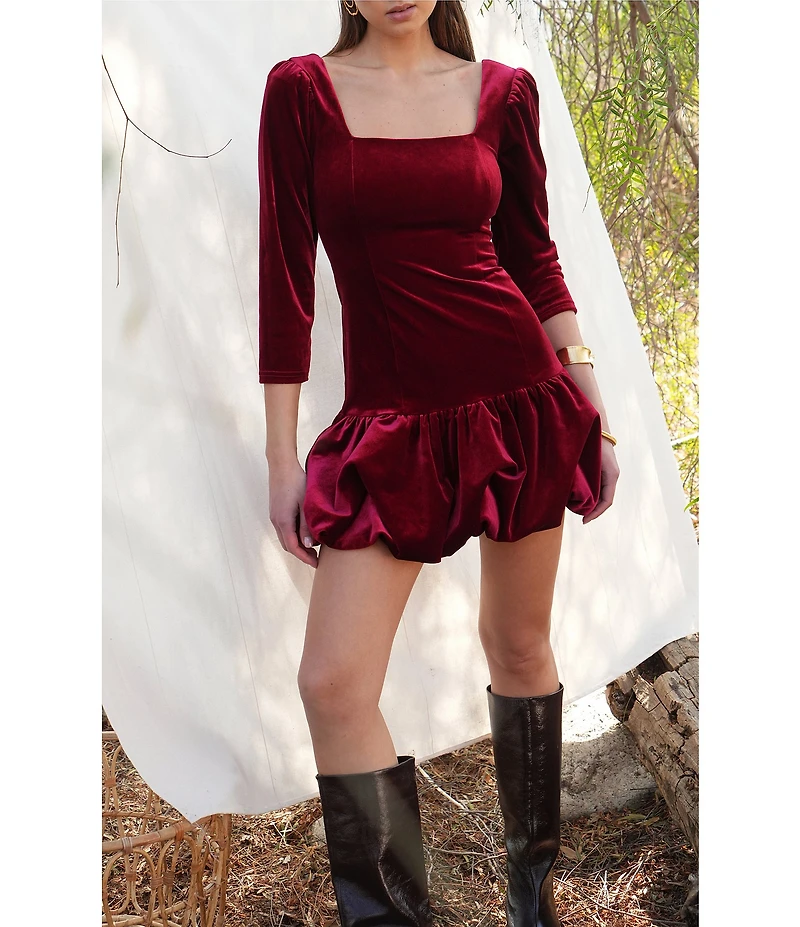 Adelyn Rae Velvet 3/4 Sleeve Drop Waist Bubble Hem Mini Dress