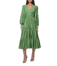 Adelyn Rae Zinnia Woven V-Neck Long Balloon Sleeve Flounce Midi Dress