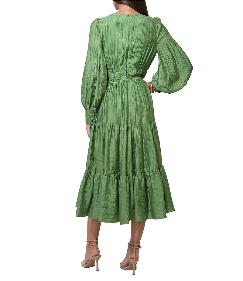 Adelyn Rae Zinnia Woven V-Neck Long Balloon Sleeve Flounce Midi Dress