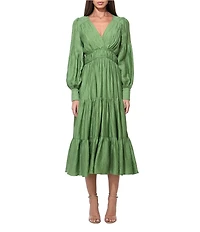 Adelyn Rae Zinnia Woven V-Neck Long Balloon Sleeve Flounce Midi Dress