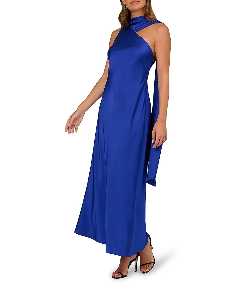 Adrianna by Adrianna Papell Asymmetrical Neck Scarf Stretch Satin Sheath Gown