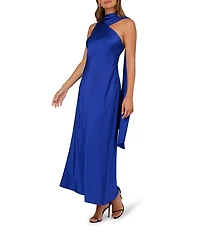 Adrianna by Adrianna Papell Asymmetrical Neck Scarf Stretch Satin Sheath Gown