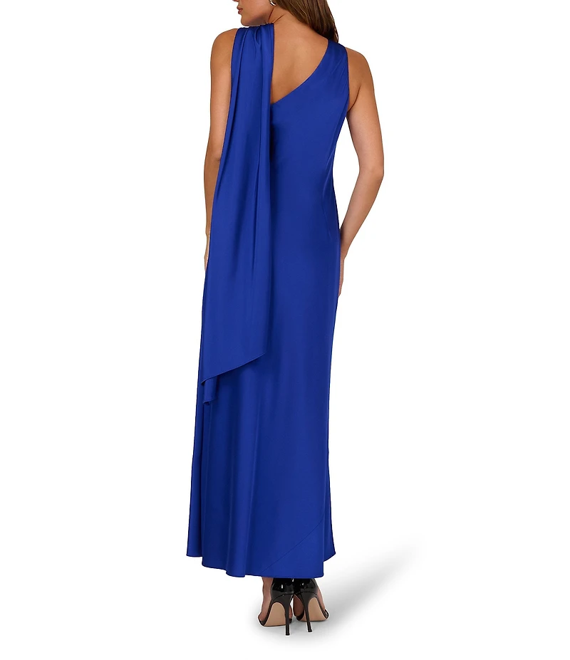 Adrianna by Adrianna Papell Asymmetrical Neck Scarf Stretch Satin Sheath Gown