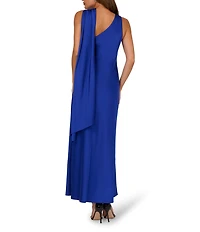 Adrianna by Adrianna Papell Asymmetrical Neck Scarf Stretch Satin Sheath Gown