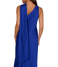 Adrianna by Adrianna Papell Asymmetrical Neck Scarf Stretch Satin Sheath Gown