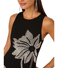 Adrianna by Adrianna Papell Beaded Crepe Floral Motif Crew Neck Sleeveless Mini Dress
