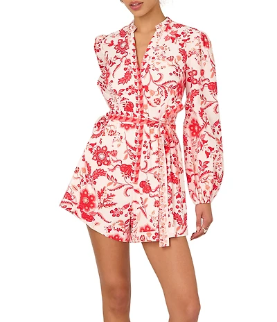 Adrianna by Adrianna Papell Cotton Floral Print V-Neck Long Sleeve Front Waist Tie Romper