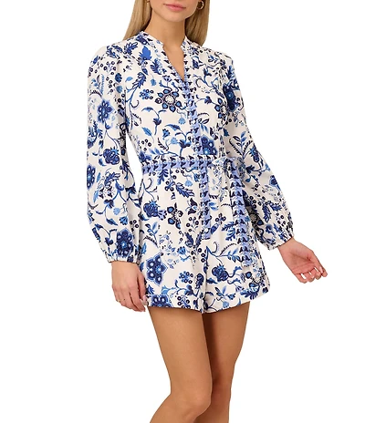 Adrianna by Adrianna Papell Cotton Floral Print V-Neck Long Sleeve Front Waist Tie Romper
