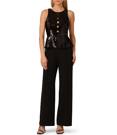 Adrianna by Adrianna Papell Crepe Knit Crew Neck Sleeveless Wide Leg Sequin Bodice Jumpsuit