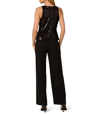 Adrianna by Adrianna Papell Crepe Knit Crew Neck Sleeveless Wide Leg Sequin Bodice Jumpsuit