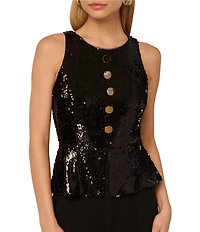 Adrianna by Adrianna Papell Crepe Knit Crew Neck Sleeveless Wide Leg Sequin Bodice Jumpsuit