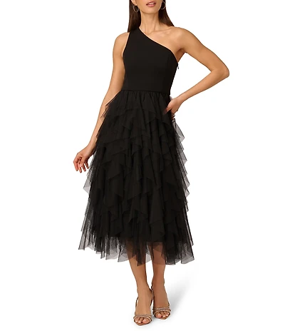 Adrianna by Adrianna Papell Crepe Knit One Shoulder Sleeveless Ruffle Mesh A-Line Gown