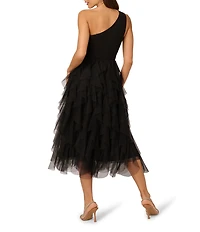 Adrianna by Adrianna Papell Crepe Knit One Shoulder Sleeveless Ruffle Mesh A-Line Gown