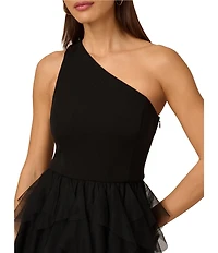 Adrianna by Adrianna Papell Crepe Knit One Shoulder Sleeveless Ruffle Mesh A-Line Gown