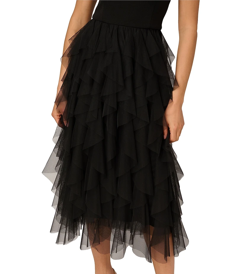 Adrianna by Adrianna Papell Crepe Knit One Shoulder Sleeveless Ruffle Mesh A-Line Gown