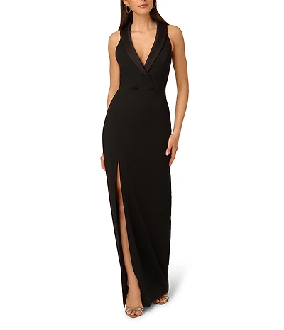 Adrianna by Adrianna Papell Crepe Knit Satin Plunge V-Neck Sleeveless Tuxedo Sheath Gown