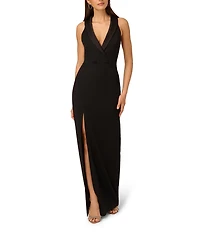 Adrianna by Adrianna Papell Crepe Knit Satin Plunge V-Neck Sleeveless Tuxedo Sheath Gown