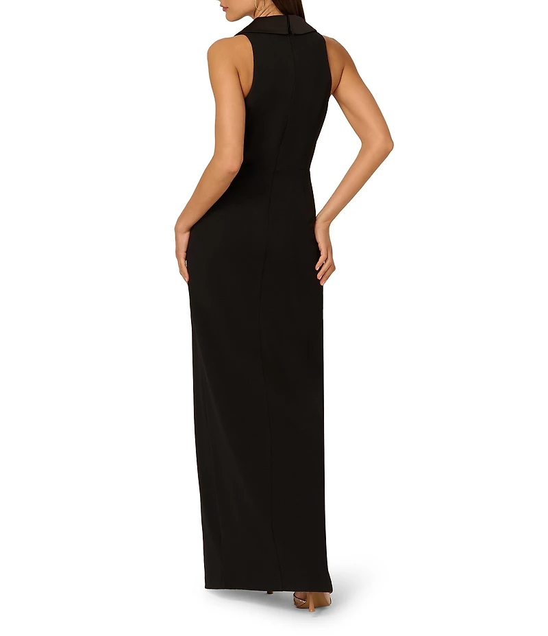 Adrianna by Adrianna Papell Crepe Knit Satin Plunge V-Neck Sleeveless Tuxedo Sheath Gown