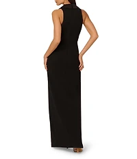 Adrianna by Adrianna Papell Crepe Knit Satin Plunge V-Neck Sleeveless Tuxedo Sheath Gown
