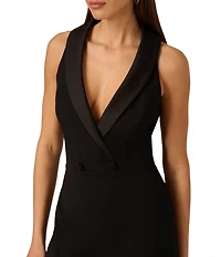 Adrianna by Adrianna Papell Crepe Knit Satin Plunge V-Neck Sleeveless Tuxedo Sheath Gown
