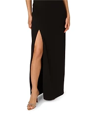 Adrianna by Adrianna Papell Crepe Knit Satin Plunge V-Neck Sleeveless Tuxedo Sheath Gown