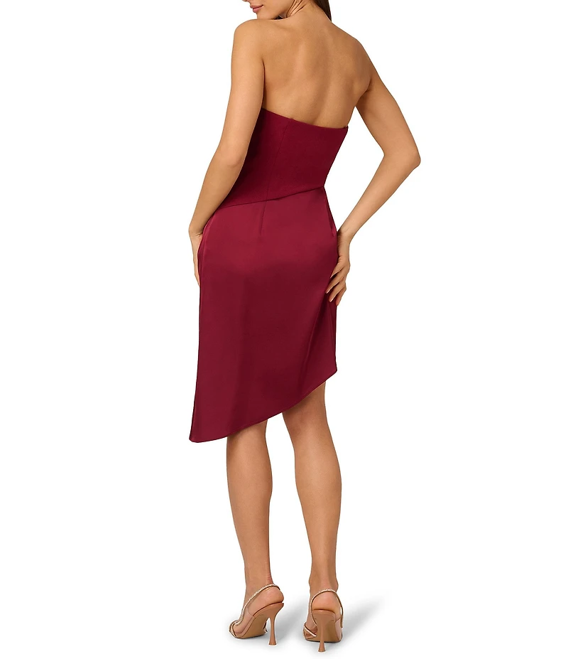 Adrianna by Adrianna Papell Crepe Knit Strapless Pleated Satin Asymmetrical Sheath Dress