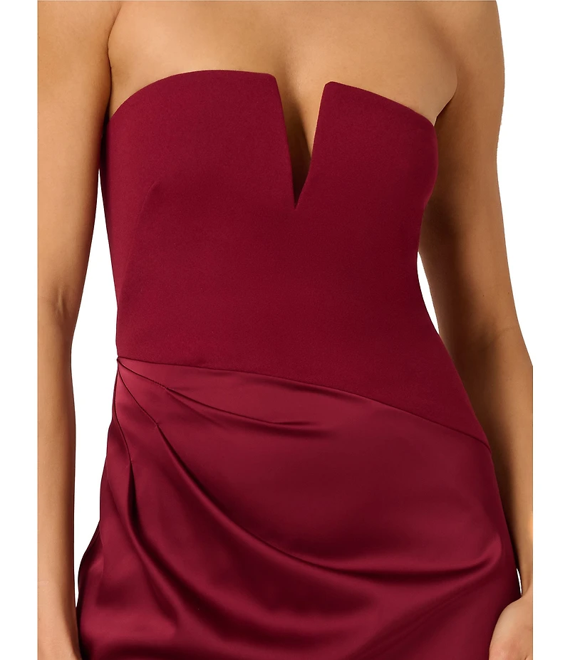 Adrianna by Adrianna Papell Crepe Knit Strapless Pleated Satin Asymmetrical Sheath Dress