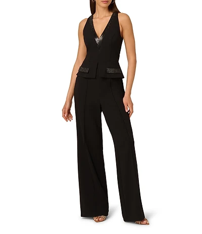 Adrianna by Adrianna Papell Crepe Knit V-Neck Sleeveless Beaded Trim Jumpsuit