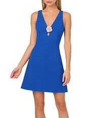 Adrianna by Adrianna Papell Crepe V-Neck Sleeveless Rhinestone Flower Sheath Mini Dress
