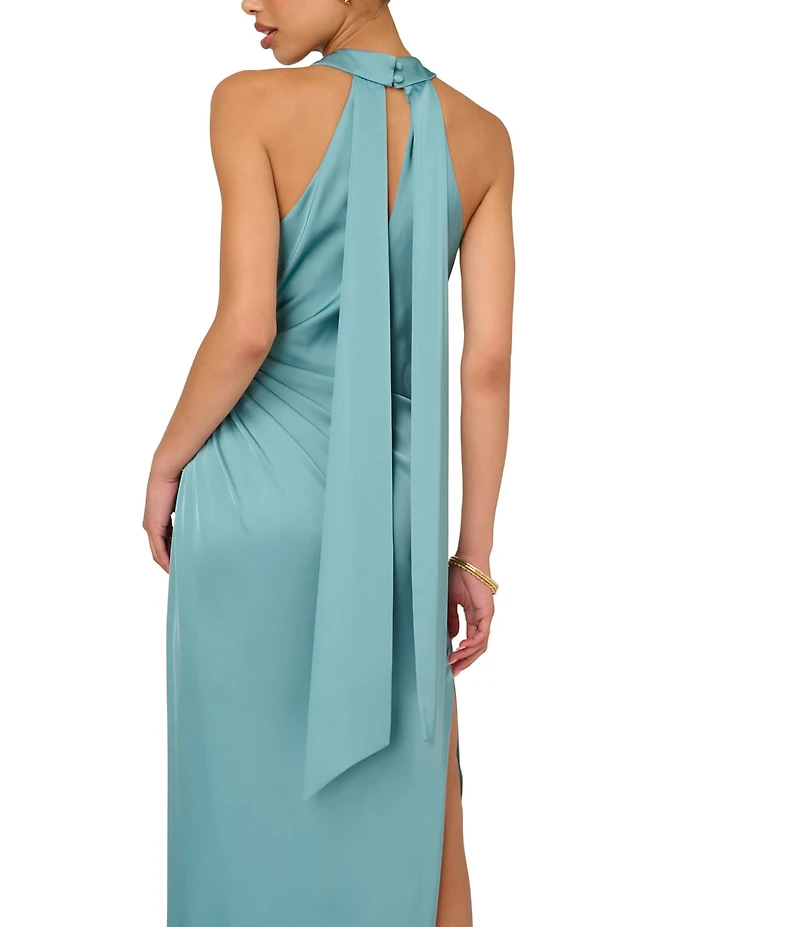 Adrianna by Adrianna Papell Criss Cross Halter Neck Sleeveless Stretch Satin Column Gown