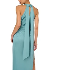 Adrianna by Adrianna Papell Criss Cross Halter Neck Sleeveless Stretch Satin Column Gown