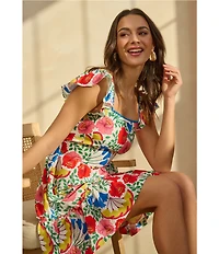 Adrianna by Adrianna Papell Floral Print Square Neck Sleeveless A-Line Mini Dress