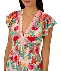Adrianna by Adrianna Papell Floral V-Neckline Flutter Cap Sleeve Midi Dress