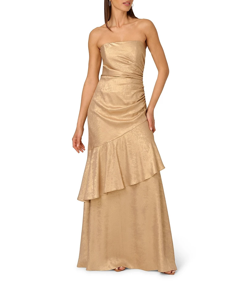 Adrianna by Adrianna Papell Foil Woven Strapless Side Ruched Asymmetrical Tiered Mermaid Gown