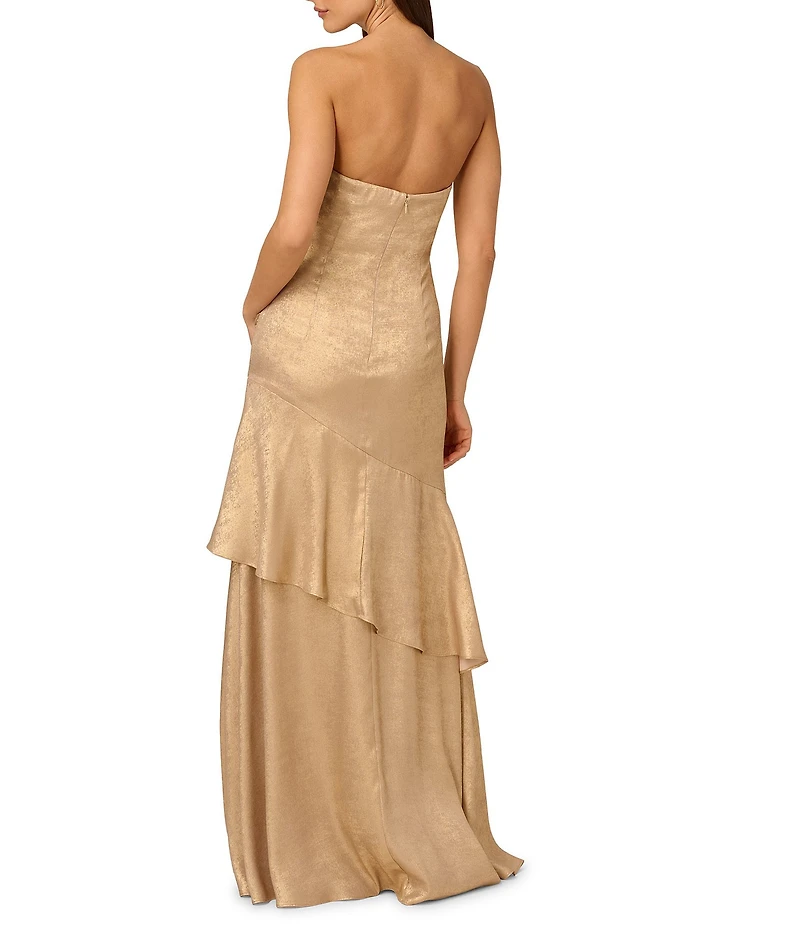 Adrianna by Adrianna Papell Foil Woven Strapless Side Ruched Asymmetrical Tiered Mermaid Gown