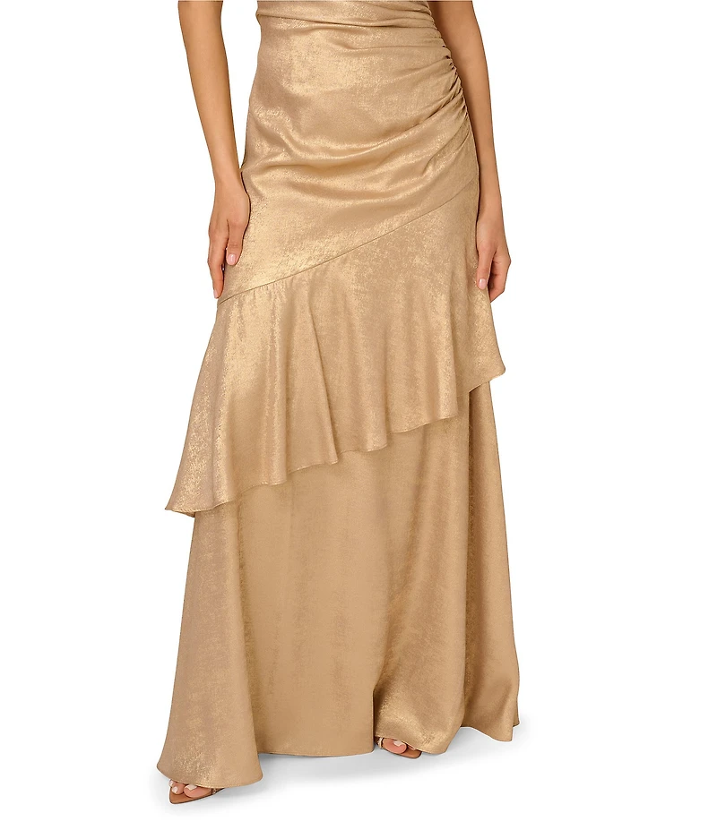 Adrianna by Adrianna Papell Foil Woven Strapless Side Ruched Asymmetrical Tiered Mermaid Gown