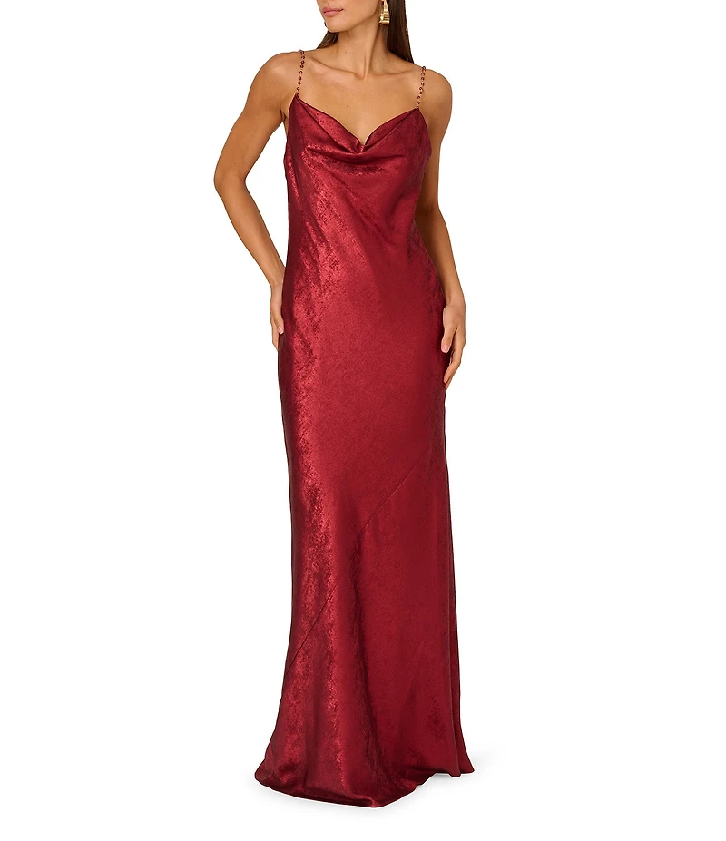Adrianna by Adrianna Papell Foiled Chiffon Cowl Neck Pearl Strap Slip Gown