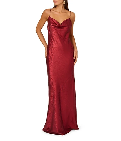 Adrianna by Adrianna Papell Foiled Chiffon Cowl Neck Pearl Strap Slip Gown