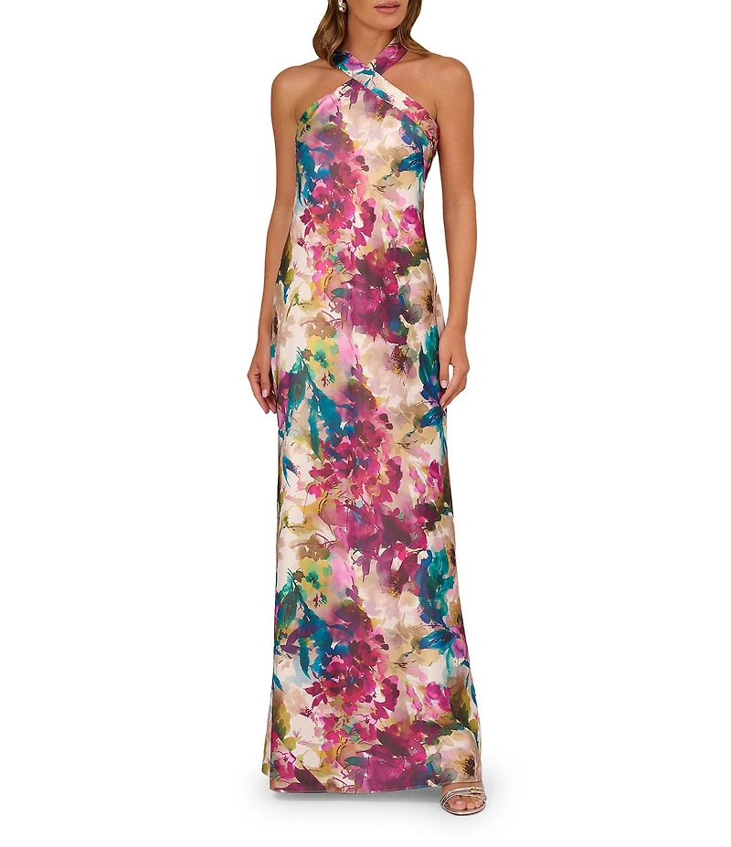 Adrianna by Adrianna Papell Halter Neck Abstract Floral Printed Satin Gown