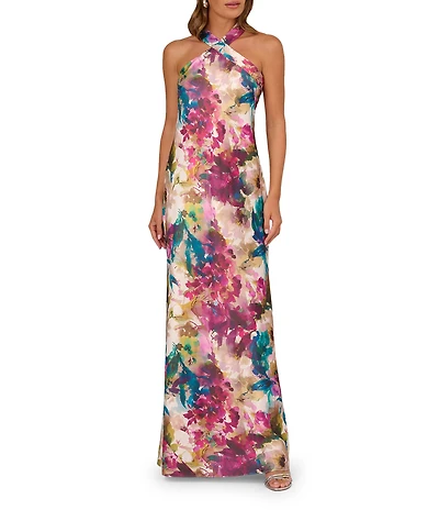 Adrianna by Adrianna Papell Halter Neck Abstract Floral Printed Satin Gown