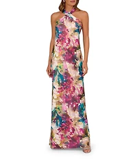 Adrianna by Adrianna Papell Halter Neck Abstract Floral Printed Satin Gown
