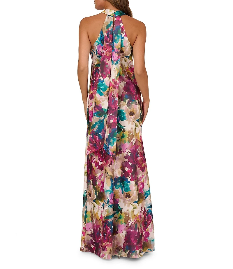 Adrianna by Adrianna Papell Halter Neck Abstract Floral Printed Satin Gown