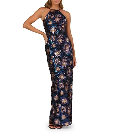 Adrianna by Adrianna Papell Halter Neck Abstract Floral Sequin Column Gown