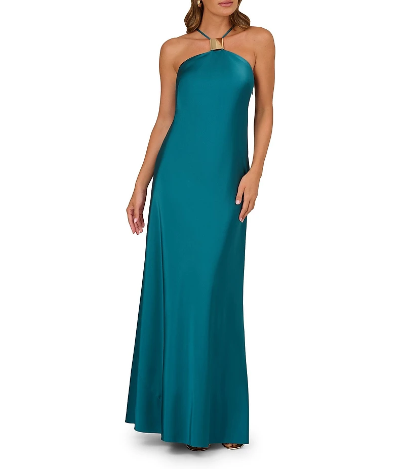 Adrianna by Adrianna Papell Halter Neck Hardware Detail Stretch Satin A-Line Gown