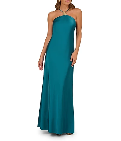 Adrianna by Adrianna Papell Halter Neck Hardware Detail Stretch Satin A-Line Gown