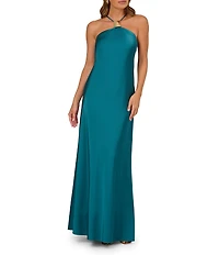 Adrianna by Adrianna Papell Halter Neck Hardware Detail Stretch Satin A-Line Gown