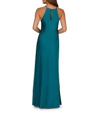 Adrianna by Adrianna Papell Halter Neck Hardware Detail Stretch Satin A-Line Gown