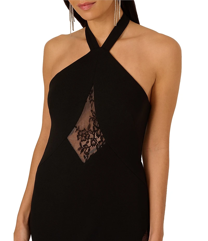 Adrianna by Adrianna Papell Halter Neck Lace Insert Knit Crepe Column Gown